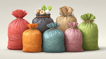 Collection of colorful garbage bags filled with various items and tied with twine