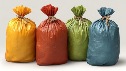 Four tied colorful plastic bags for garbage or storage standing against a white background