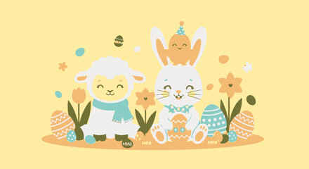 Obraz premium Cartoon Lamb Rabbit and Teddy Bear Together.