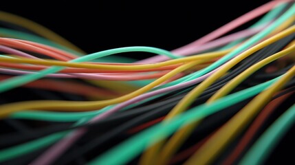 Abstract color wave of wires flowing in various hues against a dark background, evoking a sense of motion and energy in a modern design aesthetic