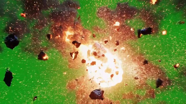 Wide space-to-atmosphere transition shot of a blazing meteor entering Earth&rsquo;s upper atmosphere against a bright chroma green screen background
