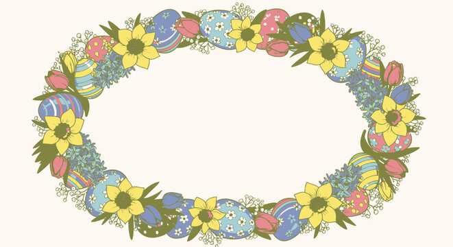 Colorful Floral Wreath with Easter Eggs and Sunflowers.