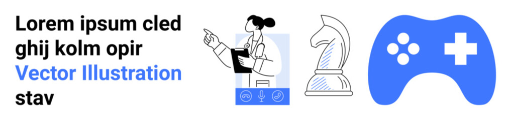 Education, research, gaming, strategy, design, teamwork. A scientist, chess knight gamepad and text elements in a clean layout. Research and gaming concept © robu_s