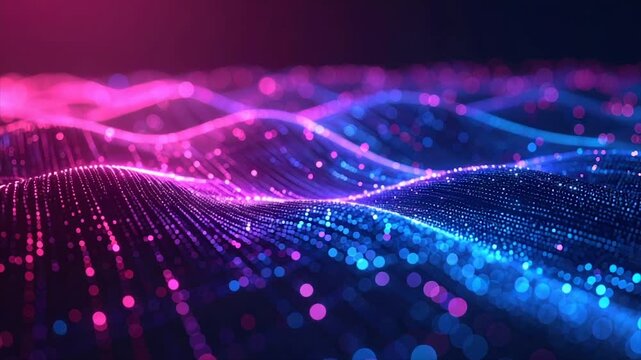 Abstract, vibrant wave of interconnected dots in shades of blue and pink, blurred background