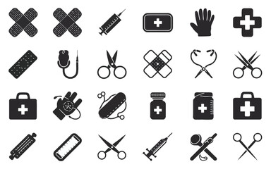 Obraz premium Assorted icons representing medical and utility tools in black and white