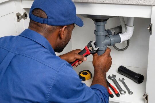 Professional plumber in blue uniform repairing kitchen sink pipe with wrench