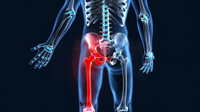 3d illustration of human skeleton showing hip and leg pain highlight