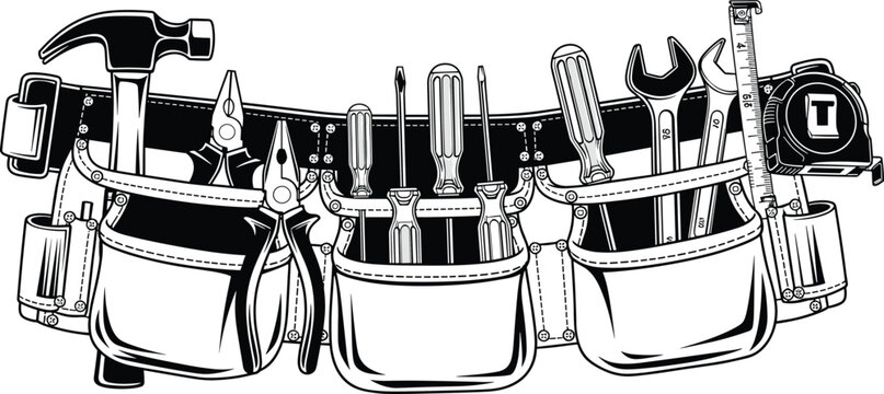 Tool belt silhouette illustration, hammer, pliers, screwdrivers, wrenches, tape measure, ruler, construction repair DIY theme - flat vector illustration