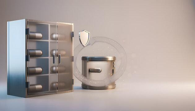 Secure Data Vault and Encrypted Storage Protection with Shield, Minimal 3D Render with Copy Space