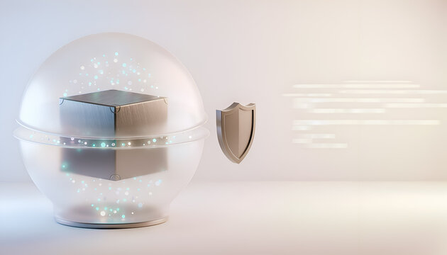Cybersecurity Data Protection Shield with Secure Storage Cube, Minimal 3D Render with Copy Space
