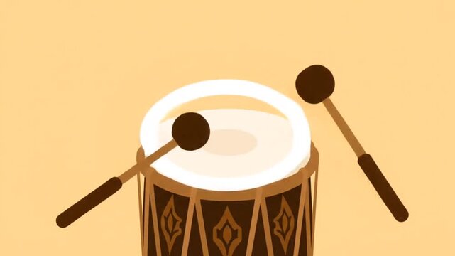 2D flat animation of a traditional ethnic percussion instrument being played, symbolizing the joyful atmosphere of Ramadan and religious festivities in Southeast Asia.