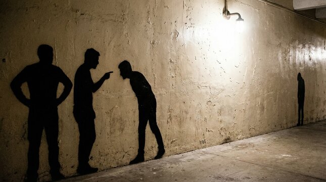 Social Isolation and Verbal Bullying Concept &ndash; Silhouettes Arguing While Lone Figure Stands Apart in Dim Corridor