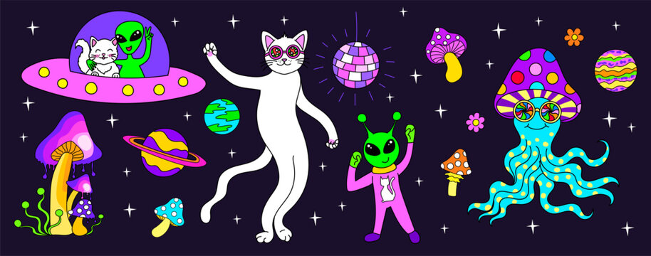 Psychedelic fun in space. Cosmic party with mushrooms, cats and alien