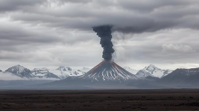 Massive stratovolcano erupts violently spewing a towering column of dark ash and smoke high into the ominous gray cloud cover above snowcapped peaks in a remote wilderness landscape.
