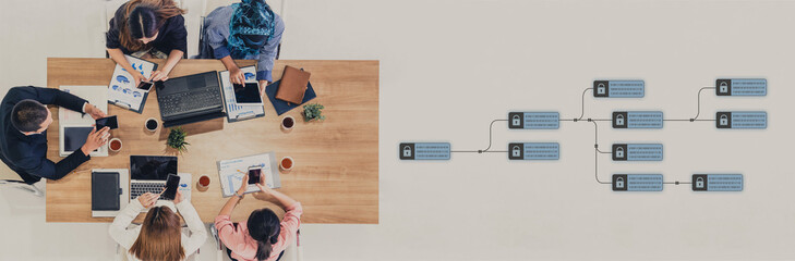 Blockchain structure showing distributed data blocks linked with encryption, representing secure transaction verification, decentralized control, and immutable record system Vouch