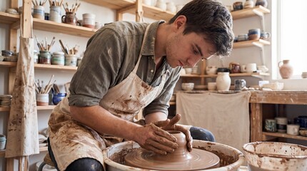 Concentrated young potter molding clay on wheel in workshop. Artisan craftsman making ceramic pot. Creative male artist with dirty hands. Handmade hobby studio. Traditional craft.