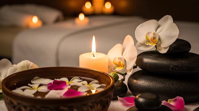 Tranquil spa scene with lit candles, orchid flowers, smooth stones, and a calming bowl setting for relaxation and aromatherapy therapy.