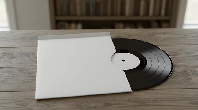 Blank white record sleeve mockup partially revealing a black vinyl disc resting on a textured wooden table surface near soft lighting