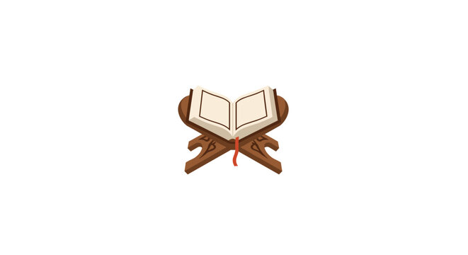 A small open Holy Quran is displayed on a simple wooden rehal or lectern against a clean white background.