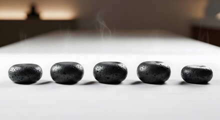 Hot black volcanic massage stones steaming on a spa table, symbolizing relaxation and wellness therapy.