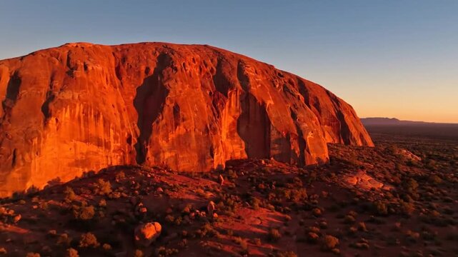 Iconic monolith glows with warm sunset light revealing desert landscape at golden hour aerial view