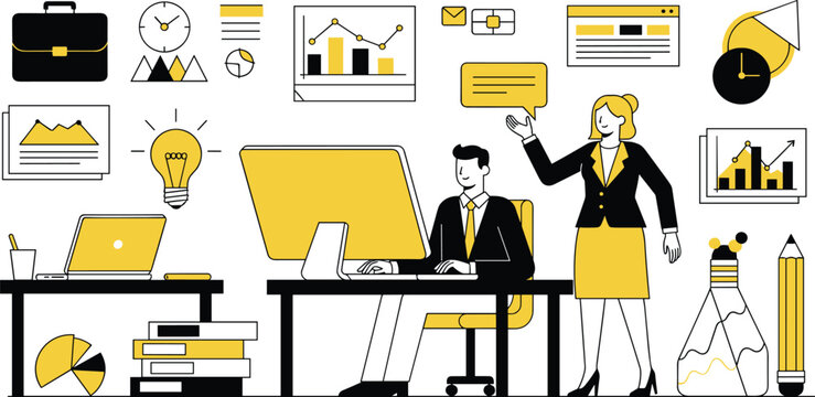 Business Professionals Collaborating with Data and Documents at an Office Desk