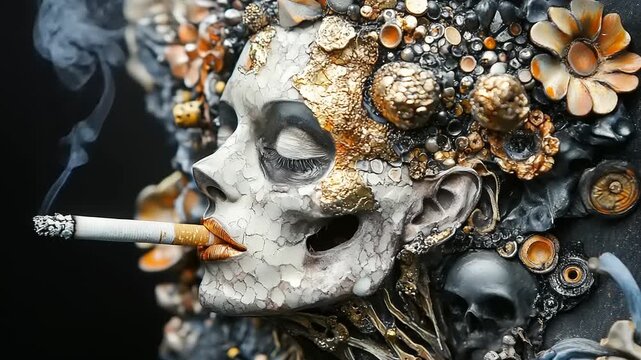 Surreal Skull with Cigarette and Floral Hair.