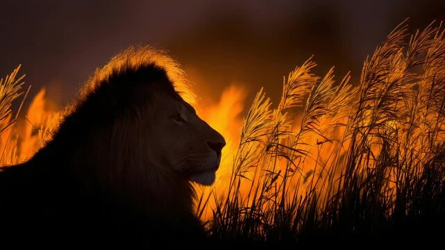 A lion's silhouette and mane are backlit by a warm, orange sunset behind tall grass