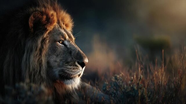 A majestic lion's profile is highlighted by sunlight, with blurred natural background