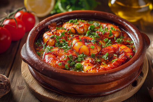 Traditional Turkish karides g&uuml;ve&ccedil;, shrimp baked with tomatoes, peppers, garlic, and herbs