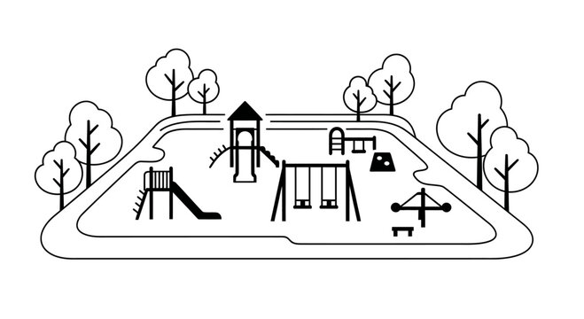 Black and white illustration playground equipment.