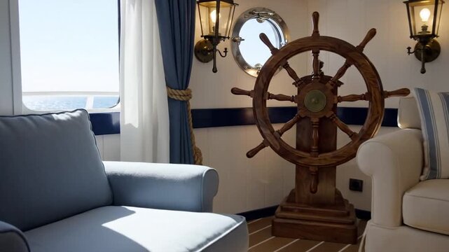 Video Tour Of Nautical Yacht Cabin Interior With Ship Wheel.
