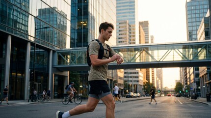 Athletic Young Man Jogging Through Modern City Street at Sunrise, Checking Smartwatch for Fitness Tracking Data while Wearing Running Backpack and Sporty Apparel in Urban Business District.