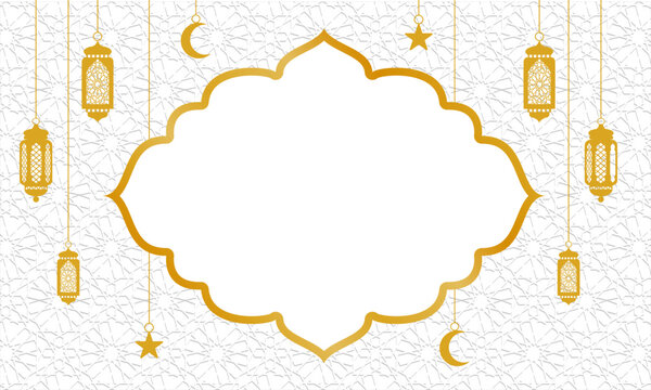 Fondo isl&aacute;mico blanco con marco para texto rodeado de l&aacute;mparas doradas para el Ramad&aacute;n