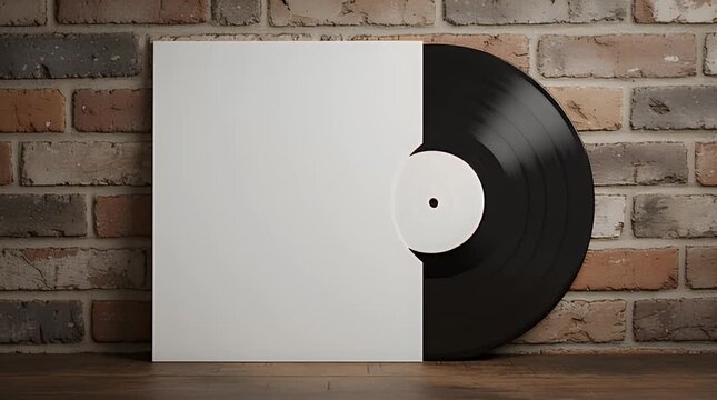 Blank white record sleeve mockup prominently displaying a classic black vinyl lp partially exposed leaning against an exposed rustic brick wall surface indoors.