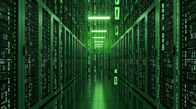 Immersive digital data center hallway stretching into the distance with glowing green matrix code illuminating server racks suggesting advanced technology and vast computing power for cybersecurity