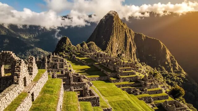 Sunlight illuminates ancient inca ruins of machu picchu showing stone terraces and green mountain peak in cinematic aerial view