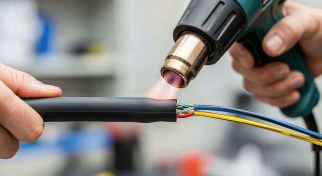 Electrician using heat gun for industrial cable insulation shrink tubing