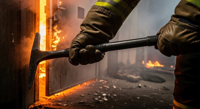 Firefighter Using Halligan Tool for Forcible Entry Training in Burning Building