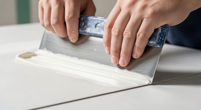 Professional male worker applying joint compound to drywall for a smooth level 5 finish