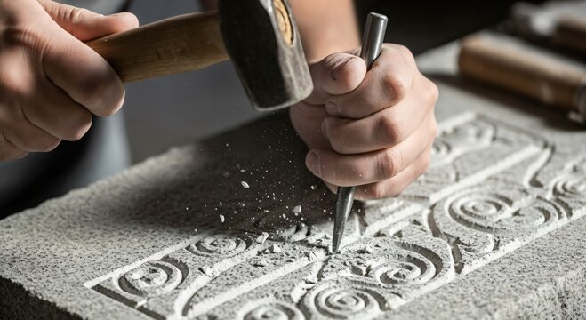 Artisan Stone Mason Carving Traditional Celtic Patterns with Hammer and Chisel