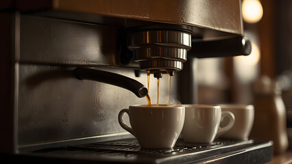 Professional espresso machine pouring fresh coffee into two glass cups in a warm dimly lit cafe
