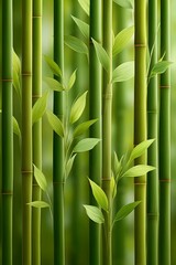 Obraz premium Close-up of vibrant bamboo stalks with delicate leaves against a blurred green backdrop, representing growth and serenity. 