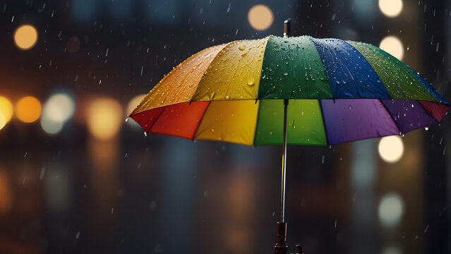 Cinematic shot of a vibrant rainbow umbrella in the rain with blurred city lights at night. Positivity and protection concept