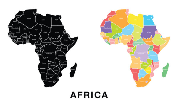 Africa map set. Black silhouette map and colored detailed map. Vector on white background.