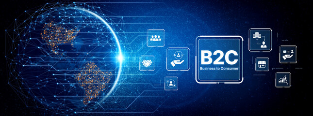 Obraz premium B2C strategy focus on delivery products directly to consumer. Successful B2C model enhance consumer engagement, streamline B2C logistics, and boost consumer satisfaction through digital retail. Spline
