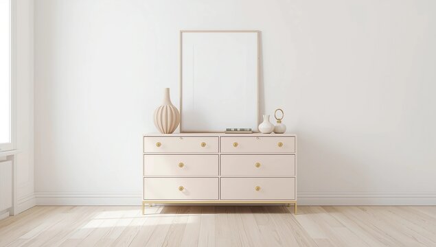 Interior with wooden dresser and poster 3d rendering 