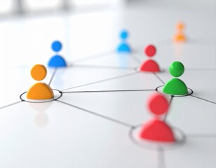 Colorful network of people connected with circles representing social interactions in a modern workplace environment.