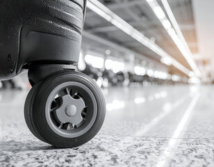 Close-up of a suitcase wheel in an airport terminal highlighting travel and transportation convenience.
