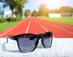 Stylish sunglasses on a towel at a vibrant running track ready for sports enthusiasts and athletes.